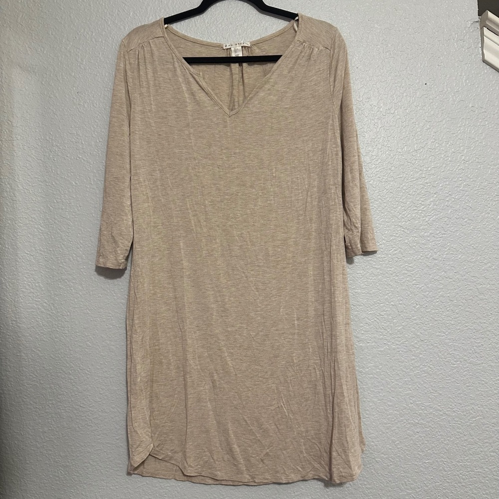 Max Studio Womens Beige V-Neck 3/4 Sleeve Shift Dress Size Large Heathered Taupe